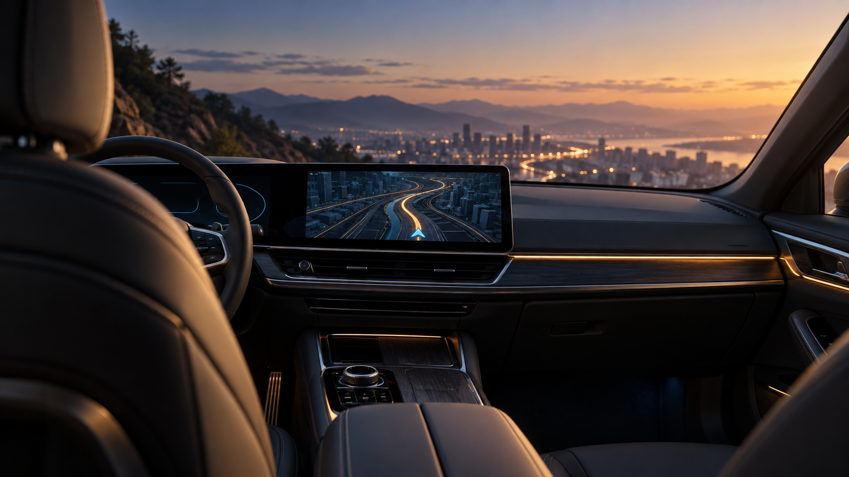 原创概念示意图：车内中控屏呈现抽象导航路线，非 BMW Maps 实际界面