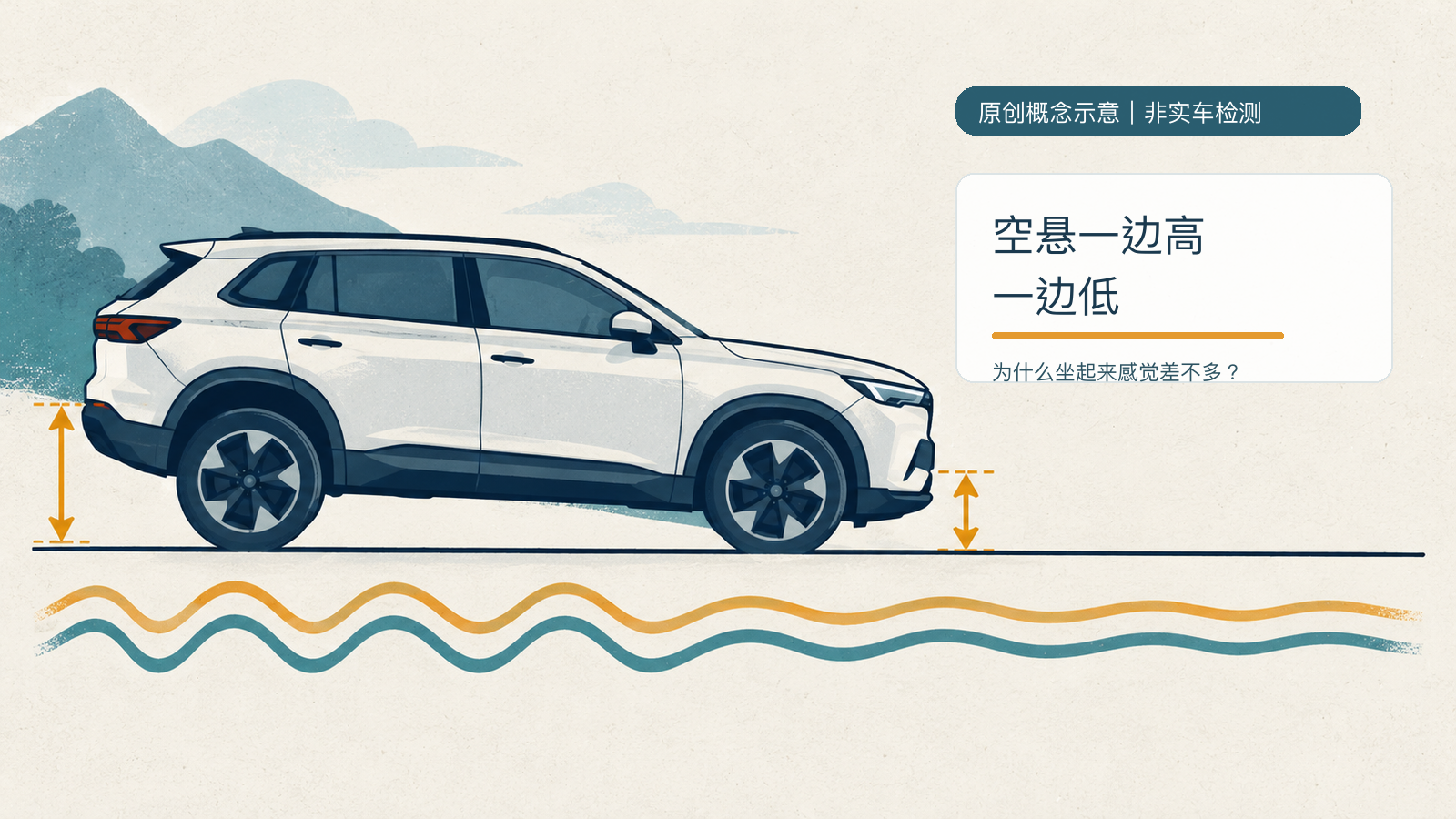 原创概念示意：空气悬挂车身高低差与乘坐体感，非具体车型、客户车辆或维修实拍